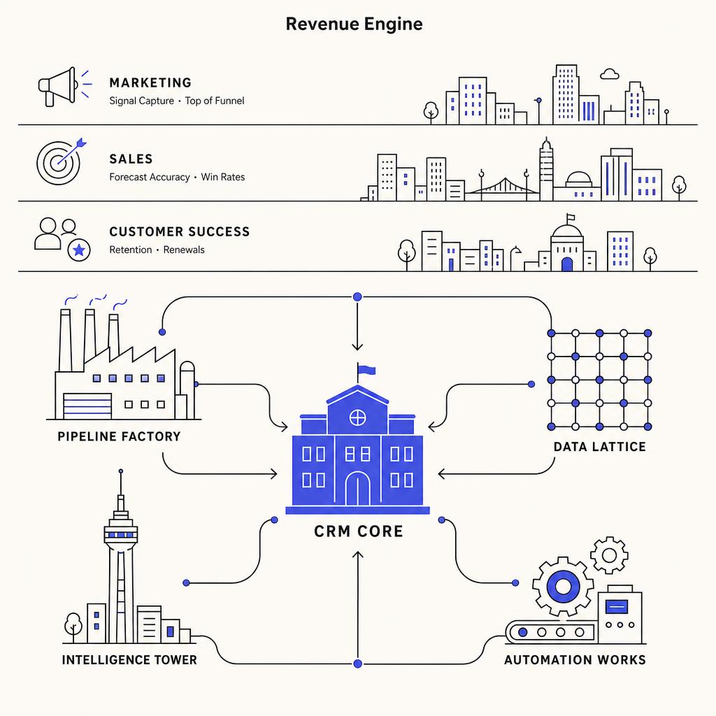 Labeled blueprint of connected revenue systems: CRM Core, Pipeline Factory, Data Lattice, Intelligence Tower, Automation Works